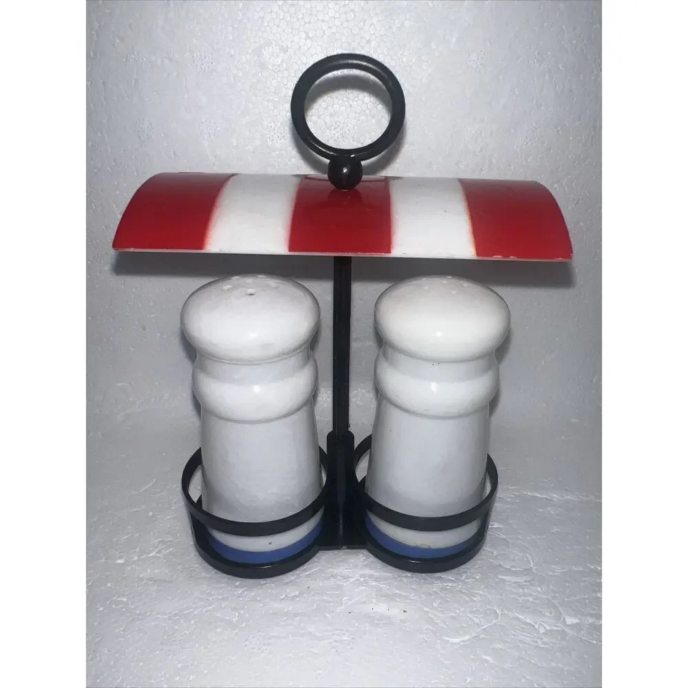 Vintage Chef Salt Pepper Shakers with Holder Canopy Awning - 1960’s Hong Kong